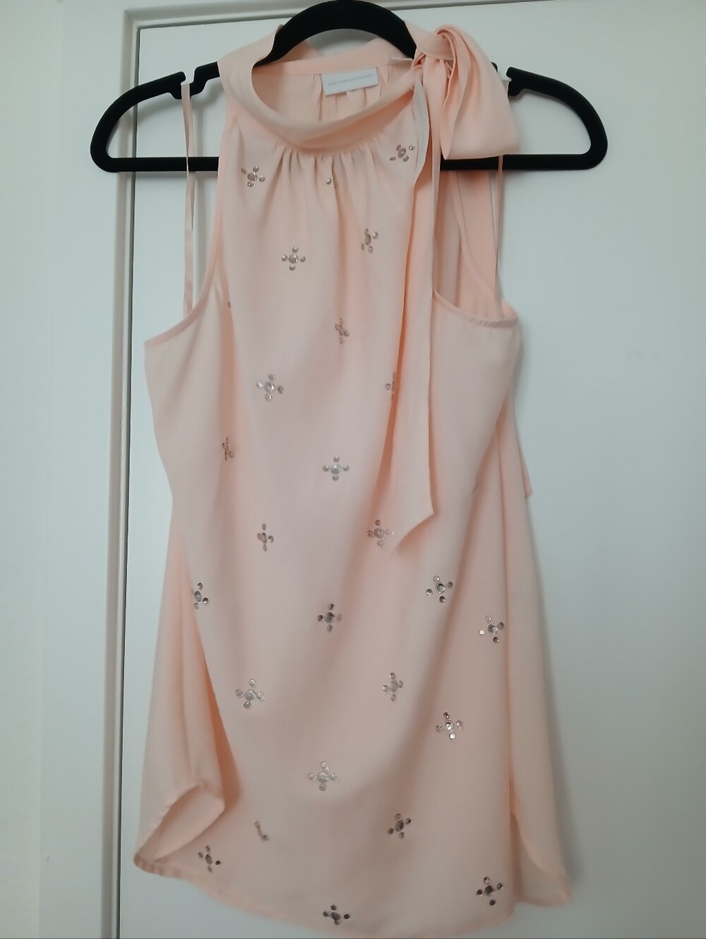 New York & Company Blush Pink Bow Halter Top with Sequin Detail